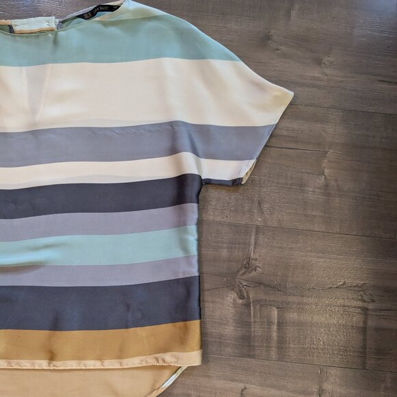 Zara Silky Short Sleeve Blouse with Cream, Gold & Blue Stripes - Picture 3 of 5